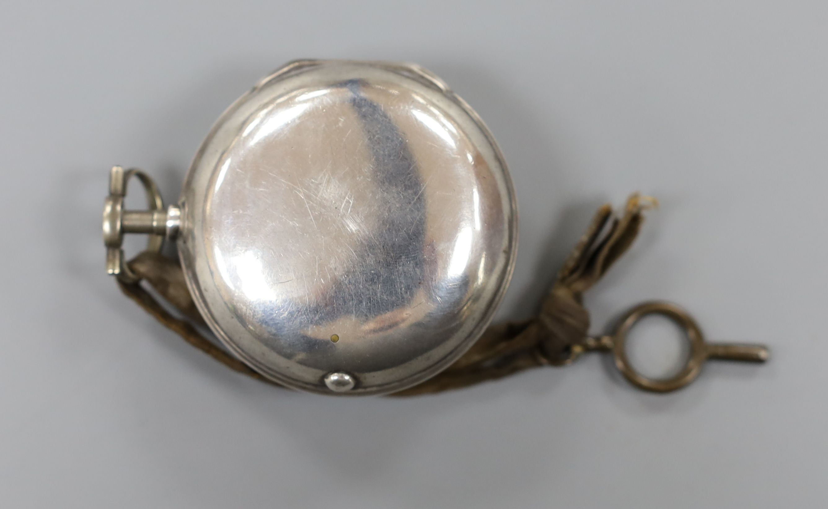 A George III silver pair cased keywind verge pocket watch, by John Wontner, London, with enamelled dial, overall case diameter 53mm, the dial border decorated with deer hunting scene.